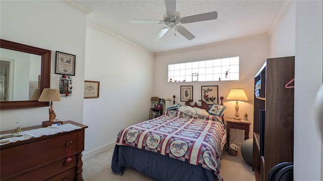 bedroom featuring ornamental molding, ceiling fan, a textured ceiling, and light carpet