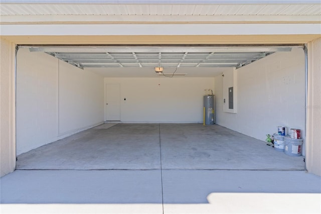 garage featuring a garage door opener, electric panel, and water heater