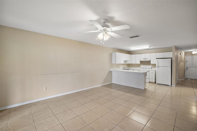 kitchen featuring kitchen peninsula, sink, white appliances, white cabinetry, and light tile patterned floors