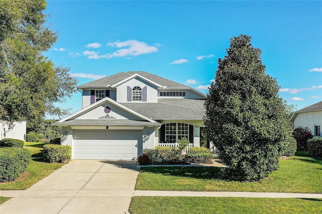 front facade with a front yard and a garage