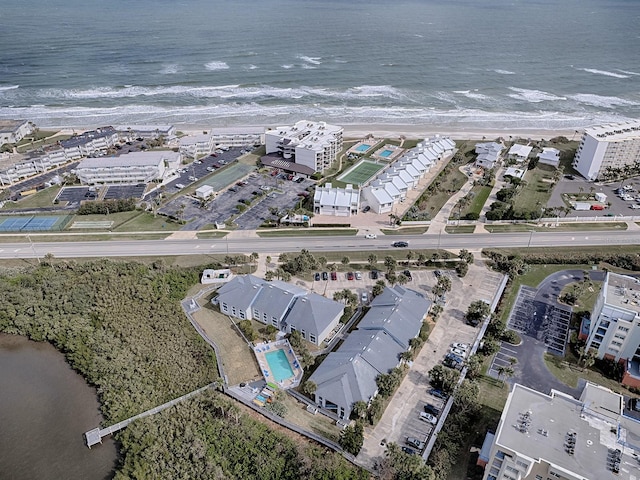 drone / aerial view with a water view