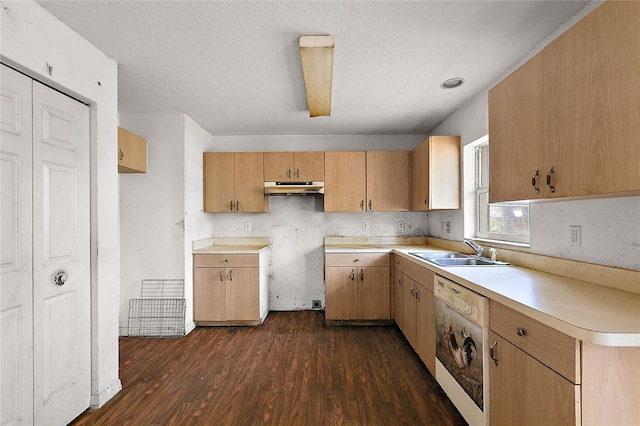 kitchen featuring dark hardwood / wood-style floors, sink, white dishwasher, light brown cabinets, and a textured ceiling