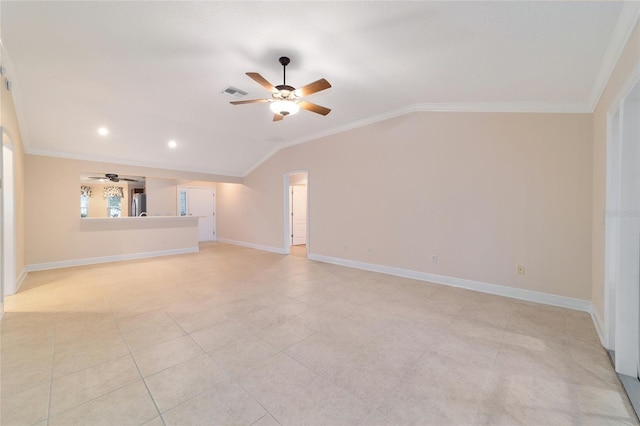 unfurnished living room with lofted ceiling, crown molding, and ceiling fan