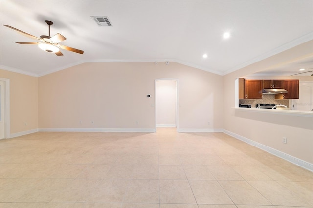 unfurnished living room with vaulted ceiling, ornamental molding, and ceiling fan