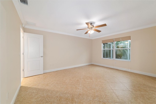 tiled empty room with ornamental molding and ceiling fan