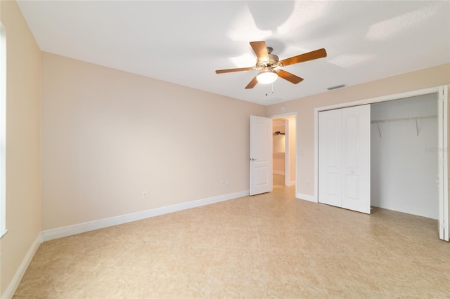 unfurnished bedroom featuring a closet and ceiling fan