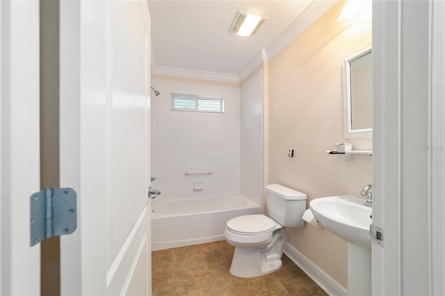 bathroom with shower / bath combination, ornamental molding, a textured ceiling, and toilet