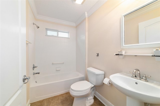 full bathroom with sink, crown molding, toilet, and washtub / shower combination