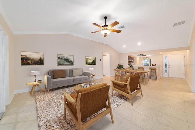 tiled living room featuring lofted ceiling, crown molding, and ceiling fan