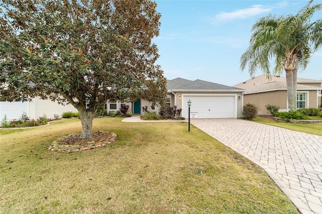 view of front of property with a garage and a front lawn