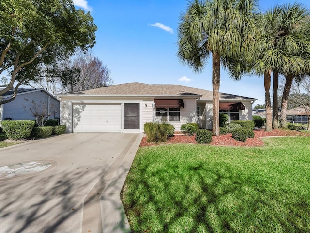 ranch-style house with a garage and a front lawn