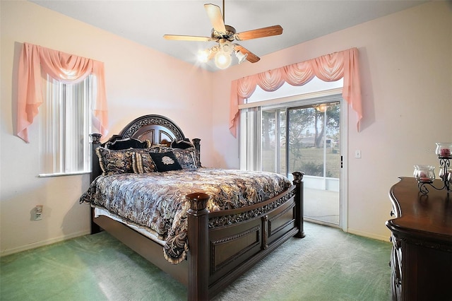 bedroom with ceiling fan, carpet, and access to exterior