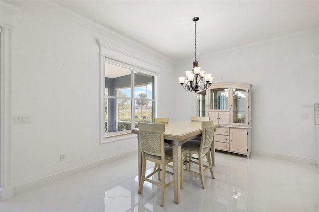 dining area featuring a notable chandelier, ornamental molding, and light tile patterned flooring