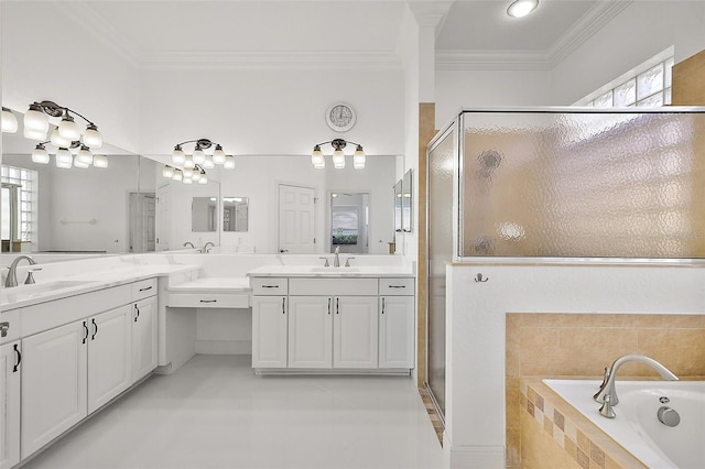 bathroom with independent shower and bath, a healthy amount of sunlight, crown molding, and tile patterned floors