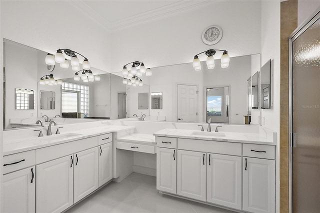 bathroom featuring vanity, walk in shower, a wealth of natural light, and tile patterned floors