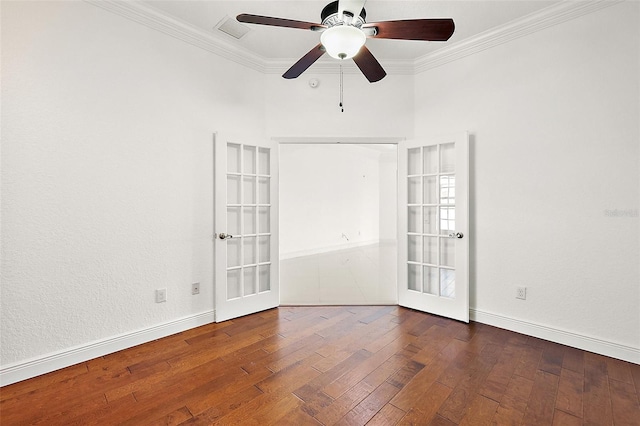 empty room featuring ceiling fan, french doors, crown molding, and dark hardwood / wood-style floors