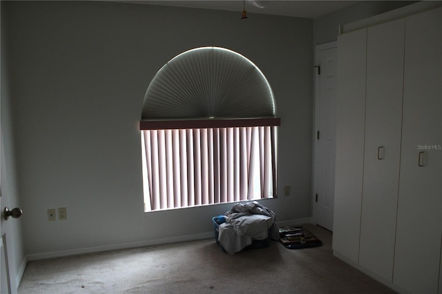 unfurnished bedroom with light colored carpet and a closet