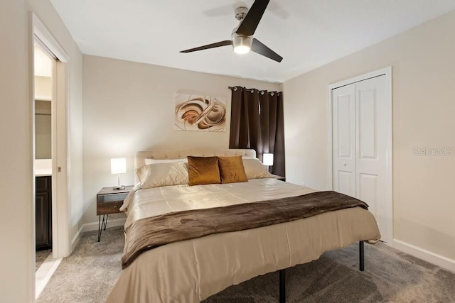 carpeted bedroom with ceiling fan and a closet