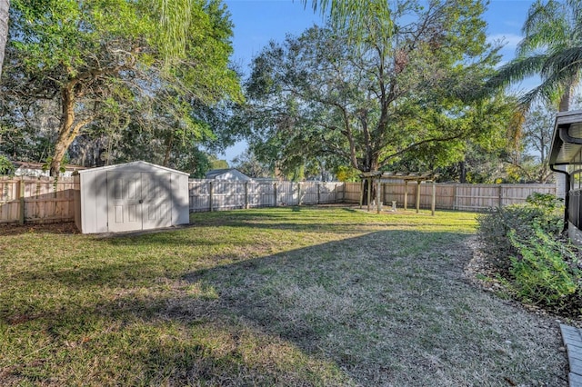 view of yard featuring a storage shed