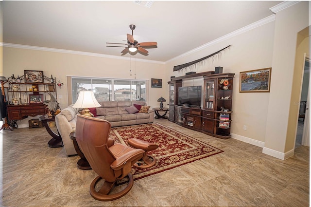 living room with ceiling fan and crown molding