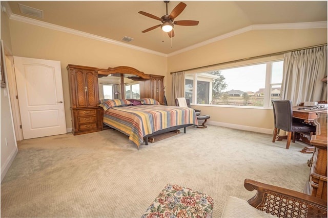 bedroom featuring ceiling fan, light colored carpet, lofted ceiling, and crown molding