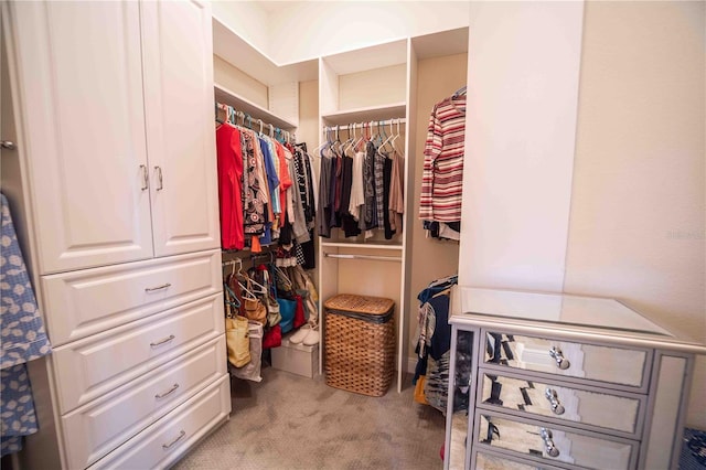 walk in closet with light colored carpet