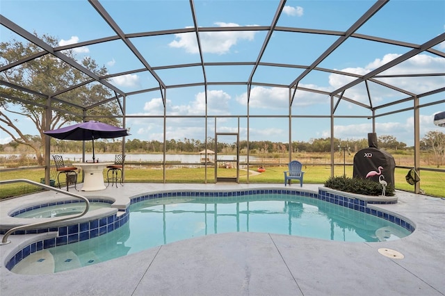 view of swimming pool with an in ground hot tub, a patio, and glass enclosure