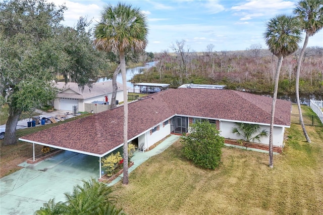 aerial view featuring a water view