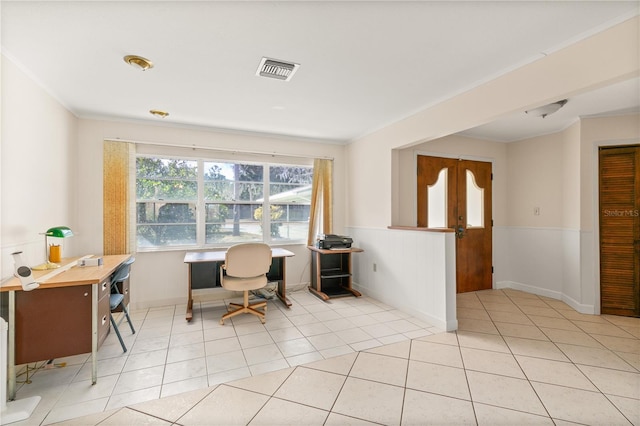 tiled office with crown molding