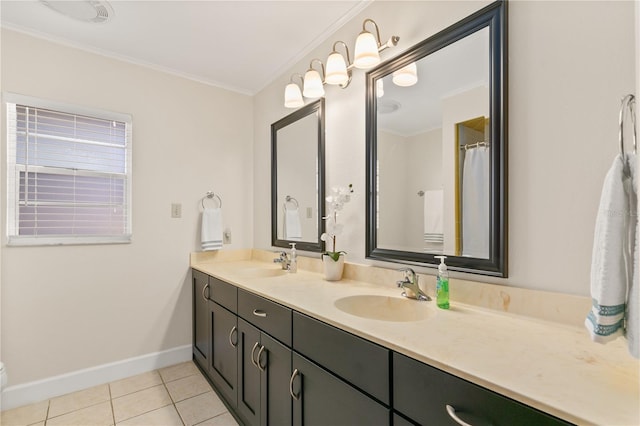 bathroom featuring tile patterned floors, ornamental molding, and vanity