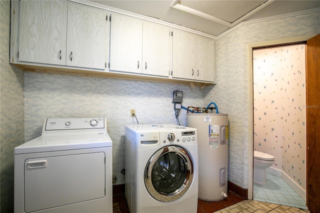 laundry room with cabinets, separate washer and dryer, electric water heater, and light tile patterned floors