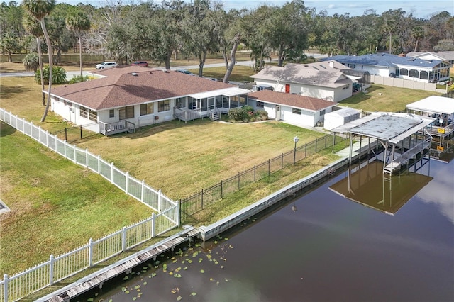 aerial view featuring a water view