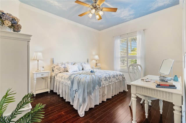 bedroom with ornamental molding, dark hardwood / wood-style floors, and ceiling fan