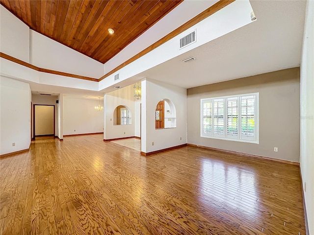 unfurnished living room featuring high vaulted ceiling, wooden ceiling, light hardwood / wood-style floors, and a chandelier