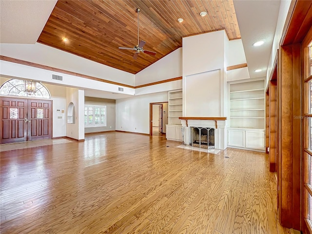 unfurnished living room with wood ceiling, light hardwood / wood-style flooring, built in features, ceiling fan, and high vaulted ceiling