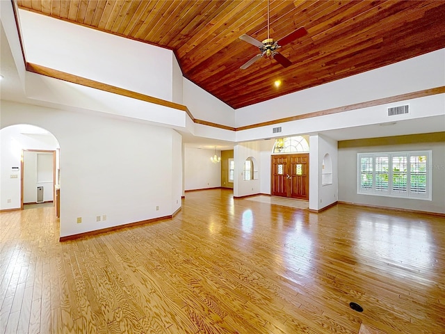 unfurnished living room with ceiling fan, high vaulted ceiling, light hardwood / wood-style flooring, and wooden ceiling