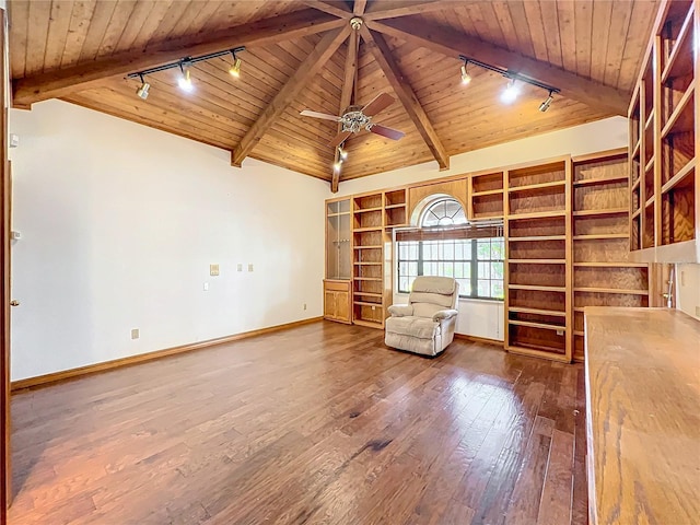 unfurnished room featuring hardwood / wood-style flooring, rail lighting, wooden ceiling, and beam ceiling