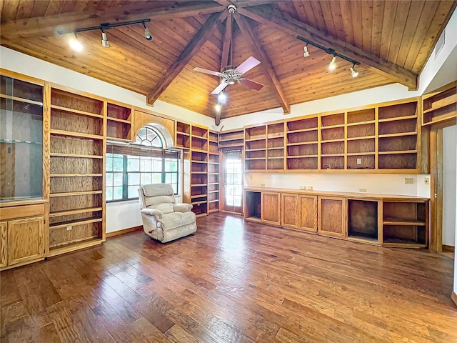 unfurnished office with hardwood / wood-style flooring, track lighting, and wooden ceiling