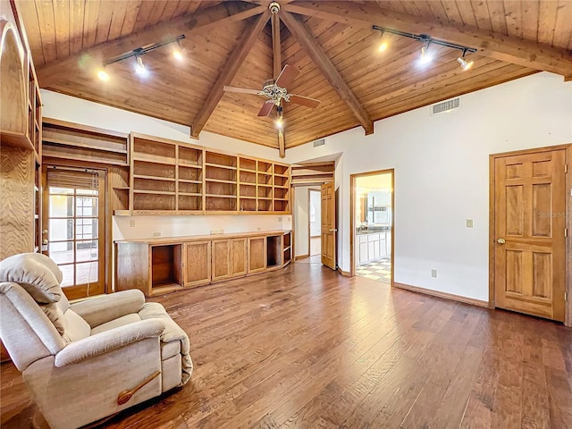 living room featuring wood ceiling, high vaulted ceiling, and hardwood / wood-style floors