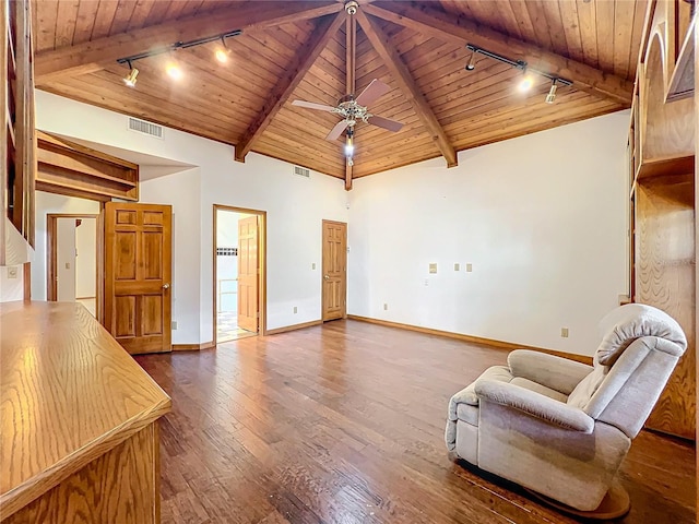 sitting room featuring hardwood / wood-style floors, track lighting, wood ceiling, and beam ceiling