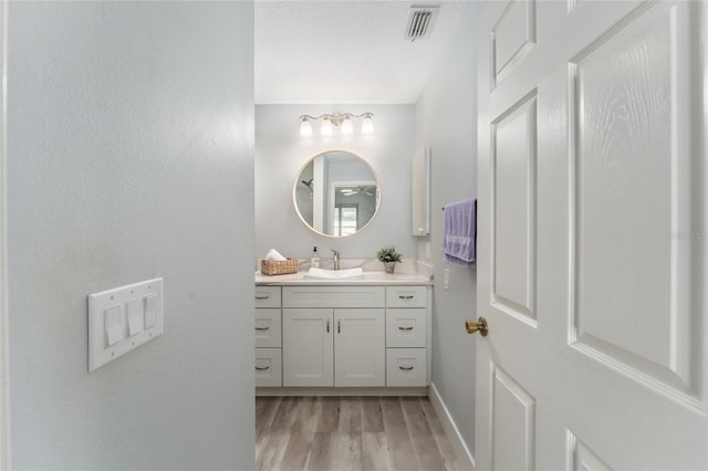 bathroom with vanity, wood-type flooring, and a textured ceiling