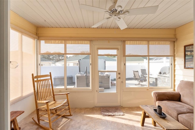 sunroom / solarium featuring wooden ceiling and ceiling fan