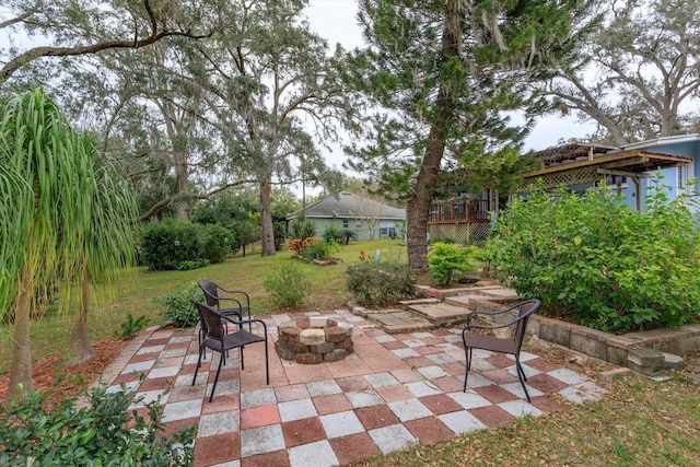 view of patio / terrace featuring a fire pit