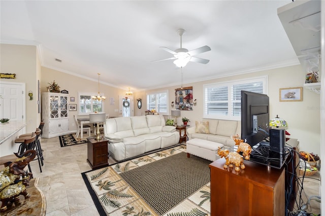 living room with vaulted ceiling, ceiling fan with notable chandelier, visible vents, and crown molding