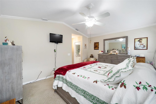 bedroom with ornamental molding, lofted ceiling, light colored carpet, and a ceiling fan