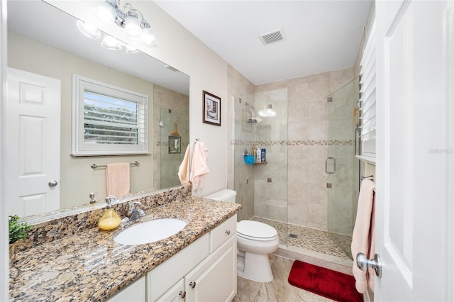 full bathroom with toilet, a stall shower, vanity, and visible vents