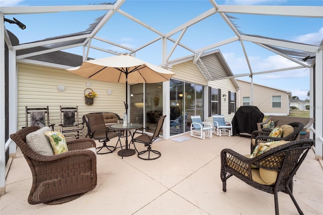 view of patio / terrace featuring glass enclosure, an outdoor hangout area, and area for grilling