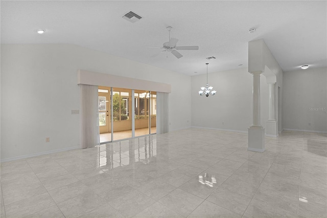 unfurnished room featuring ceiling fan with notable chandelier and ornate columns