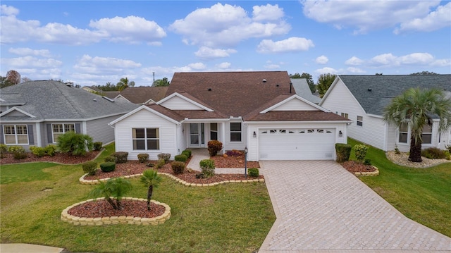 ranch-style home featuring a garage and a front yard