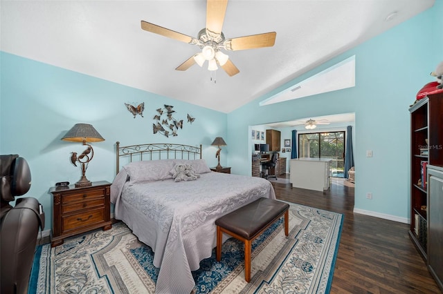 bedroom featuring ceiling fan, dark hardwood / wood-style floors, and vaulted ceiling